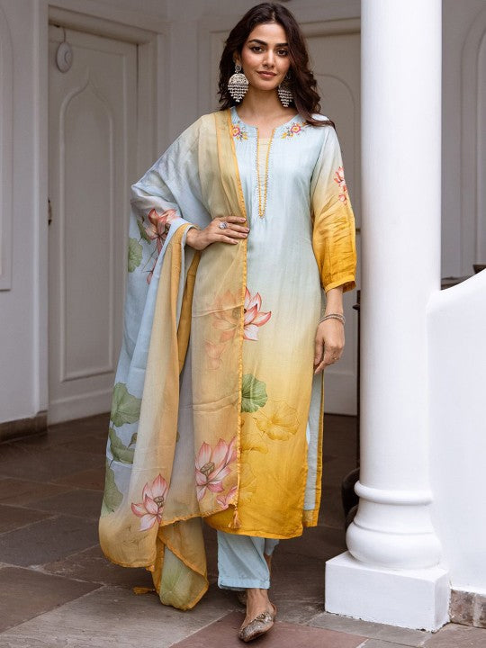 Ishin Women Floral Printed Regular Kurta with Trousers & With Dupatta