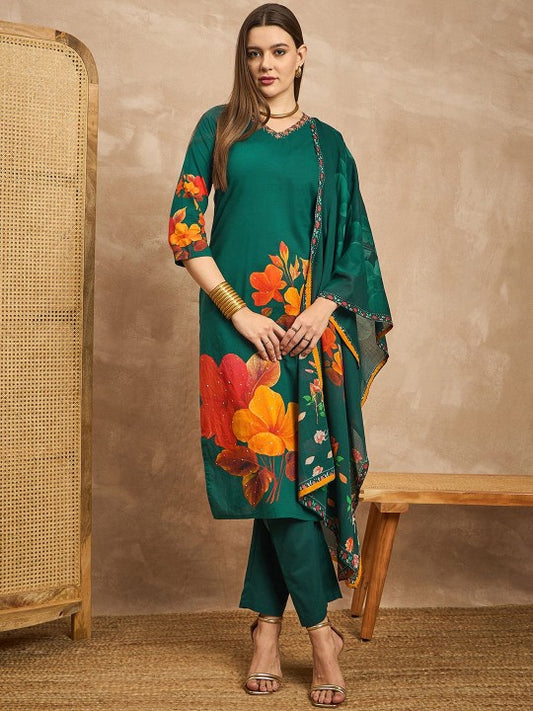 all about you Printed Beads & Stones Pure Cotton Straight Kurta with Trousers & Dupatta