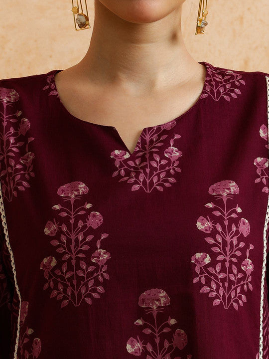 STYLEBAAZI Floral Printed Panelled Pure Cotton A-Line Kurta With Trousers & Dupatta