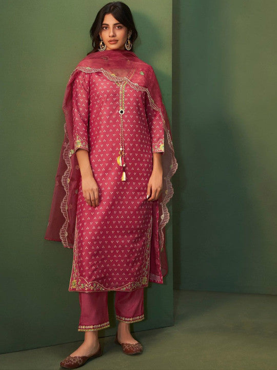 AUTUMN LANE Bandhani Printed Cotton Silk Straight Kurta With Trousers & Dupatta