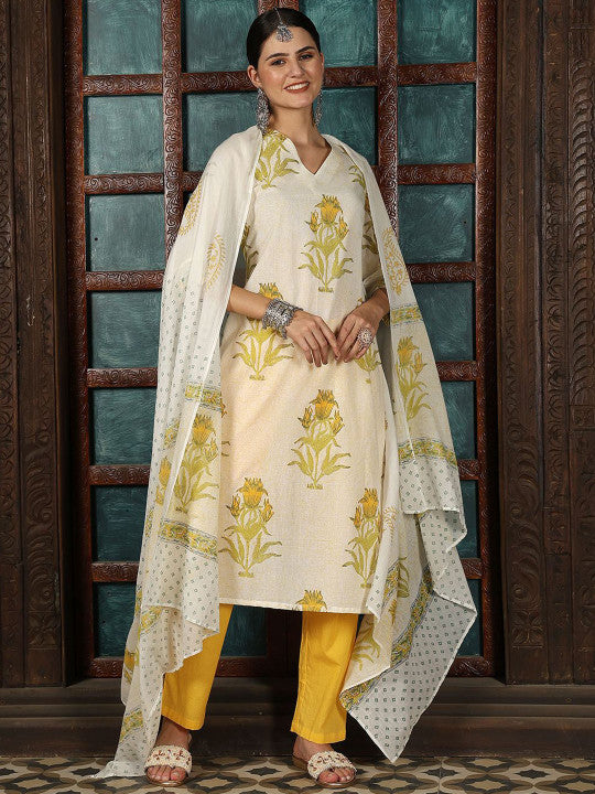 Taavi Women Floral Hand Block Print Kurta with Trousers & Dupatta