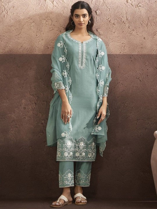 AUTUMN LANE Women Floral Yoke Design Thread Work Straight Kurta