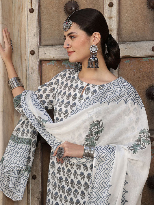 Taavi Floral Printed Pure Cotton Hand Block Print Kurta With Trousers & Dupatta