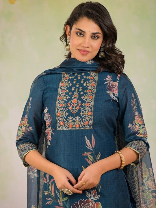 AUTUMN LANE Women Floral Embroidered Cotton Kurta with Trousers & Dupatta