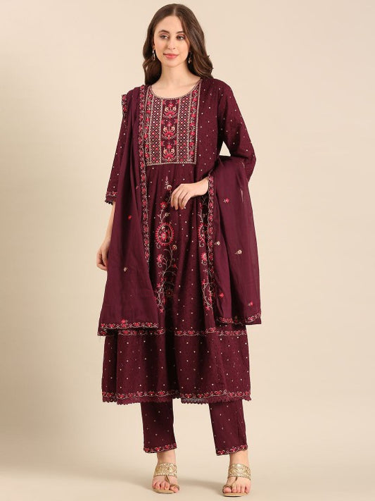 Anouk Women Floral Embroidered Regular Pure Cotton Kurta with Trousers & With Dupatta