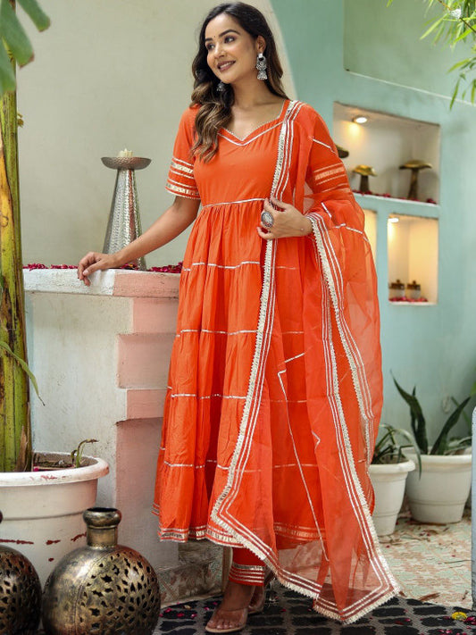 Angkor Women Tiered Gotta Patti Pure Cotton Kurta with Trousers & With Dupatta