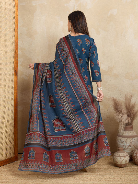 BEYOND ETHNIC Women Floral Printed A-Line Cotton Kurta with Palazzos with Dupatta
