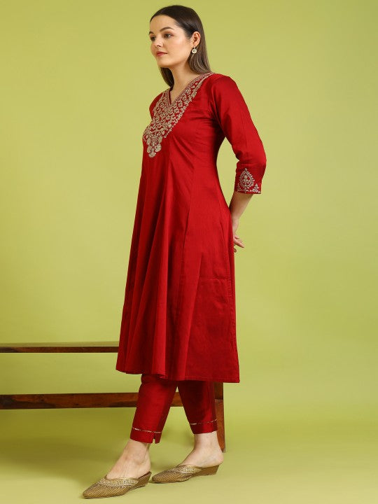 W Red Floral Embroidered V-Neck A-Line Kurta With Trousers And Dupatta
