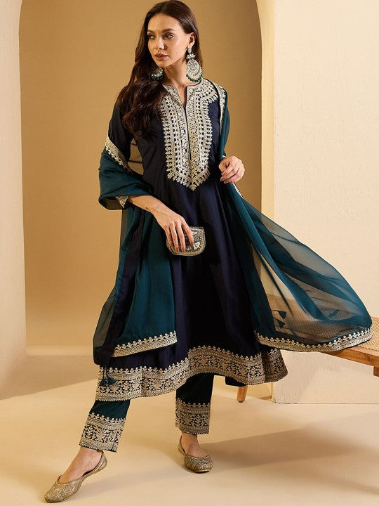 Inddus Women Floral Yoke Design Regular Thread Work Kurta