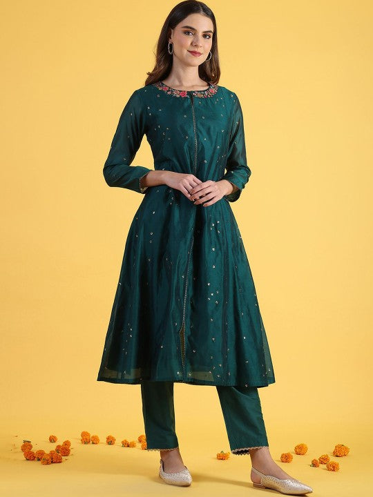 W Green Ethnic Motifs Embroidered Notch Neck A-Line Kurta