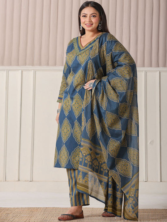 Yufta Plus Size Ethnic Motifs Printed V-Neck Pure Cotton Kurta With Trousers And Dupatta
