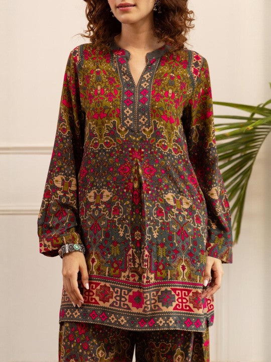 AUTUMN LANE Printed Mandarin Collar Top & PalazzosCo-OrdsSet