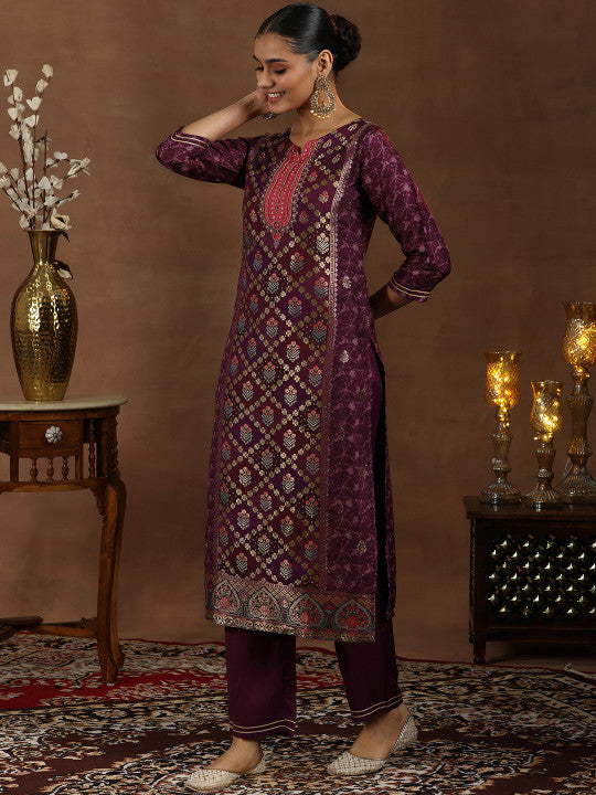 Floral Woven Design Gotta Patti Straight Kurta With Trousers & Dupatta