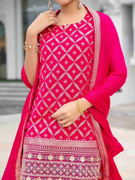 Aralia Women Bandhani Printed Sequinned Regular Straight Kurtas & Sharara With Dupatta
