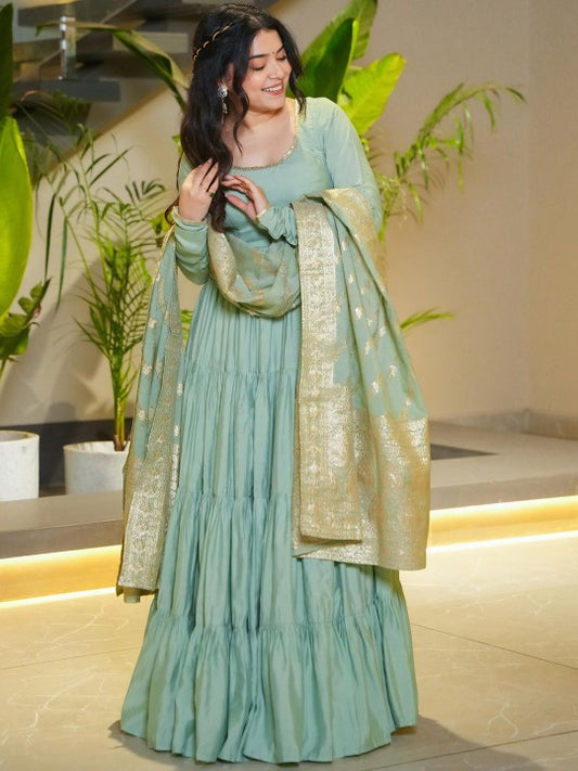 BAHU PALACE Tiered Pure Roman Chanderi Silk Anarkali Kurta