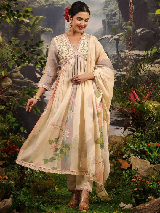 AARAAS Women Floral Embroidered Pure Cotton Anarkali Kurta with Pyjama & Dupatta