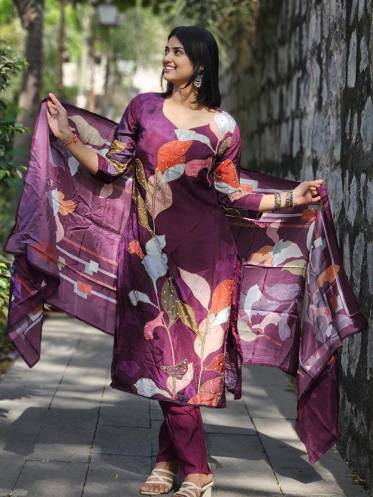 Amodra Women Floral Embroidered Beads and Stones Pure Cotton Kurta with Trousers & Dupatta