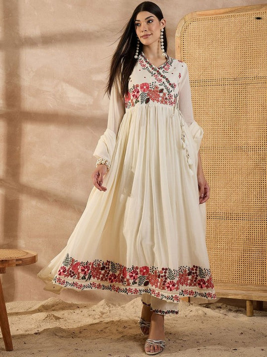 all about you Floral Embroidered V-Neck Thread Work Anarkali Kurta With Trouser & Dupatta