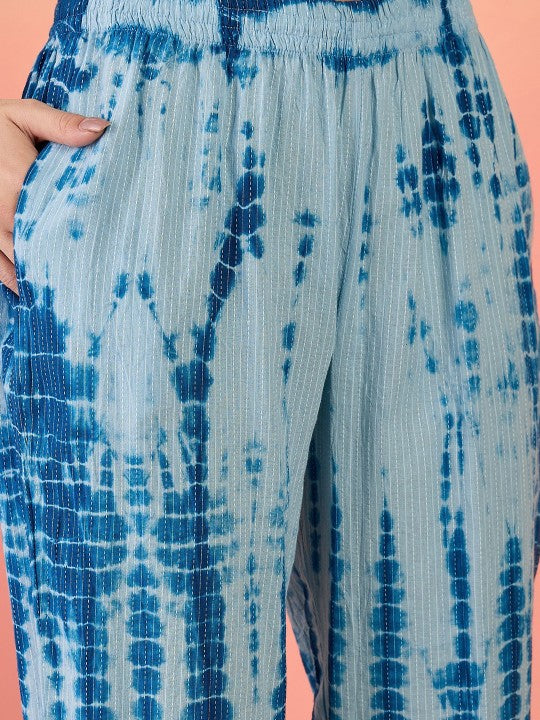 Printed Kantha Work V-Neck Puff Sleeves Pure Cotton Top & Trouser