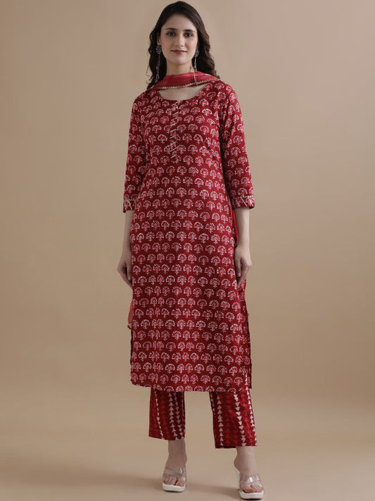 Jaipur Kurti Floral Printed Gotta Patti Pure Cotton Straight Kurta With Trouser & Dupatta