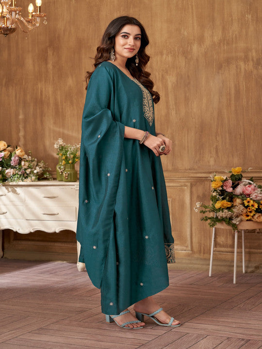 VEDANT VASTRAM Floral Embroidered Sequinned Silk Georgette Kurta With Trouser & Dupatta