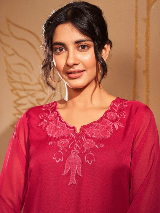 AUTUMN LANE Bushra Taffy Floral Embroidered Straight Kurta with Trousers & Dupatta