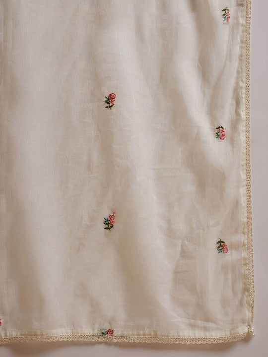 CHETI Floral Embroidered Pleated Thread Work Kurta With Trousers & Dupatta