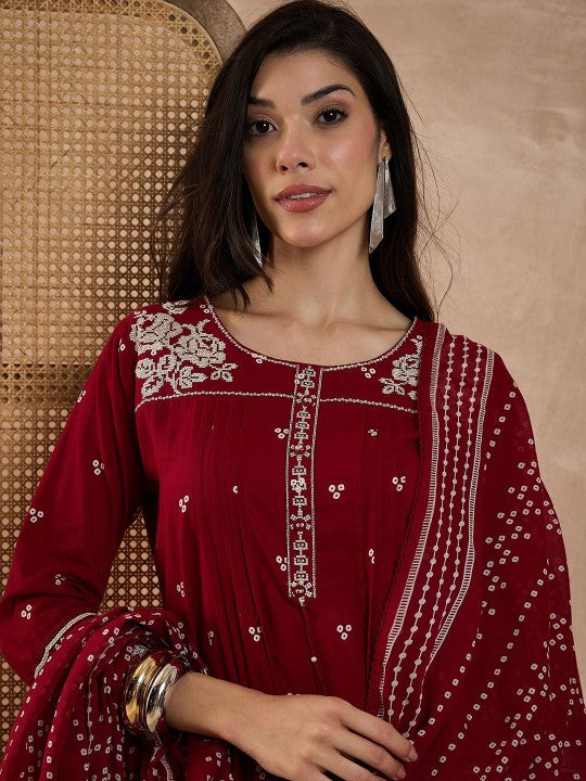 CHETI Women Bandhani Printed Cotton Kurta with Trousers & Dupatta