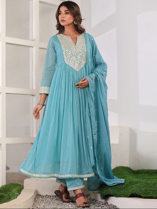 CHETI Geometric Yoke Design Pleated Mirror Work Anarkali Kurta With Trousers & Dupatta