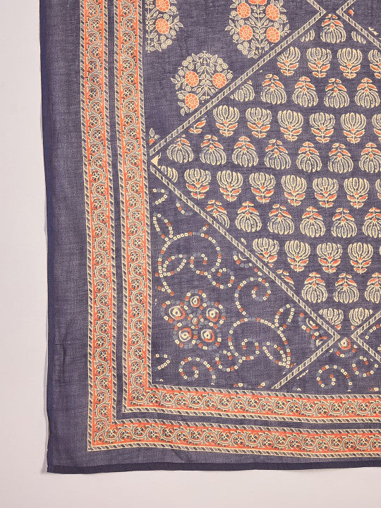 Vastramyaa Floral Printed Notch Neck Cotton Straight Kurta With Trousers & Dupatta