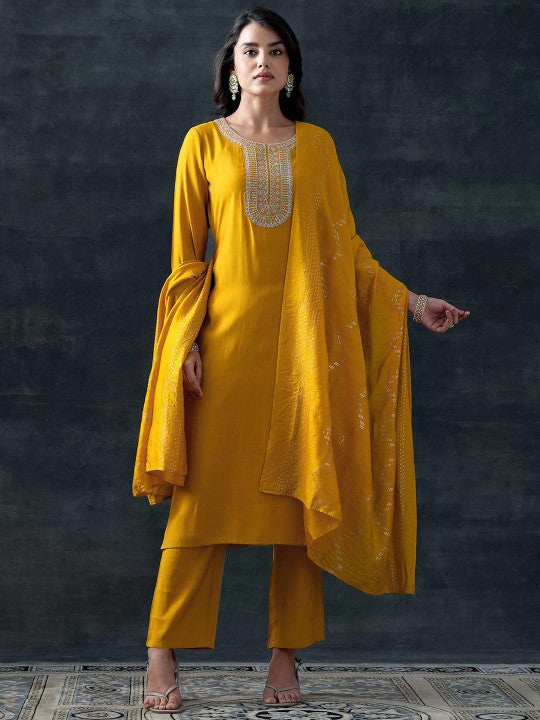 Gerua By Libas Women Floral Yoke Design Sequinned Kurta with Trousers & With Dupatta