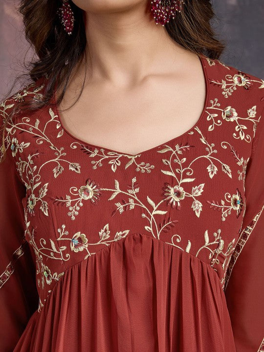 House of Pataudi Floral Embroidered Sequinned Georgette Kurta