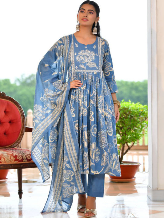 VAASVA JAIPUR Women Floral Printed Anarkali Kurta with Trousers & Dupatta