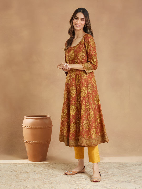 Fabindia Floral Printed Cotton Silk A-Line Kurta With Trousers & Dupatta