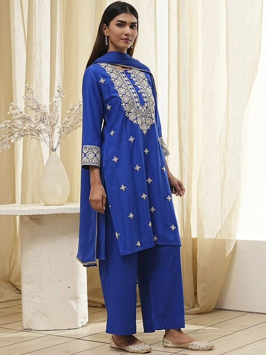 Biba Floral Embroidered Round Neck Sequinned Straight Kurta