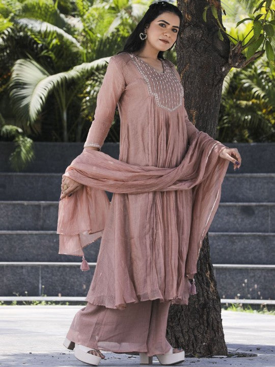 AAHRA Geometric Yoke Design Sequinned Square Neck Chanderi Silk Kurta