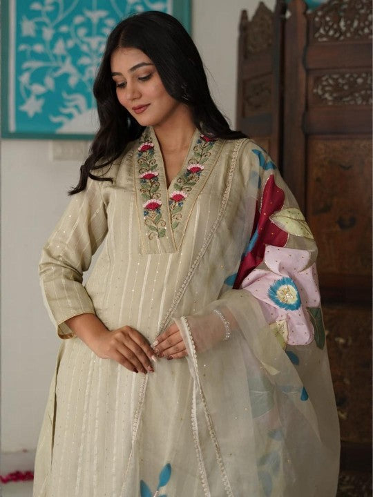 Aavanya Women Beige Kurta Sets