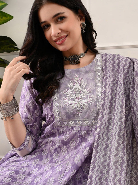 DHROOV TARA Printed Regular Thread Work Pure Cotton Kurta with Trousers & Dupatta
