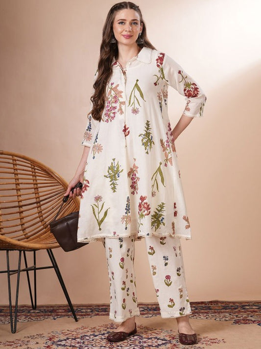 FASHOR Printed Shirt Collar Cotton Tunic With Trouser Co-Ords