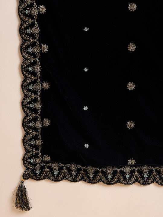 House of Pataudi Floral Embroidered Velvet Straight Kurta