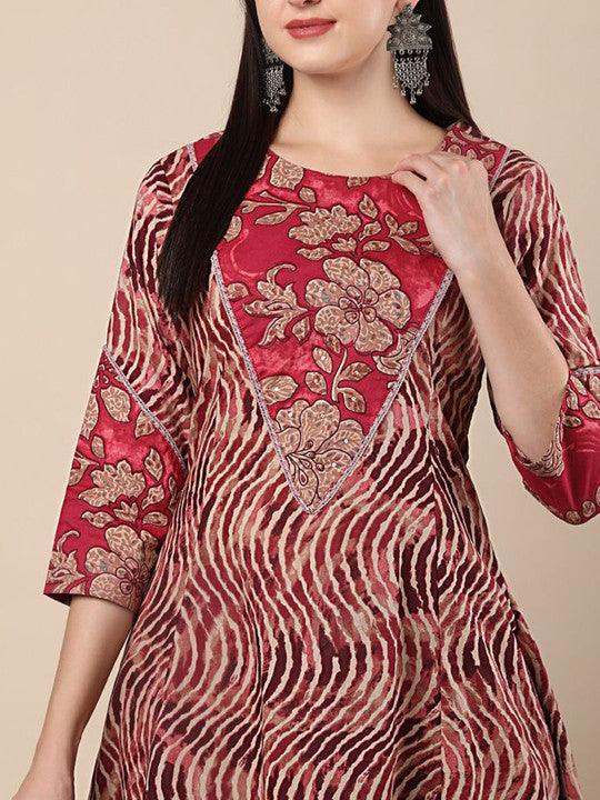 FASHOR Chevron Printed Panelled Pure Cotton A-Line Kurta With Trousers & Dupatta