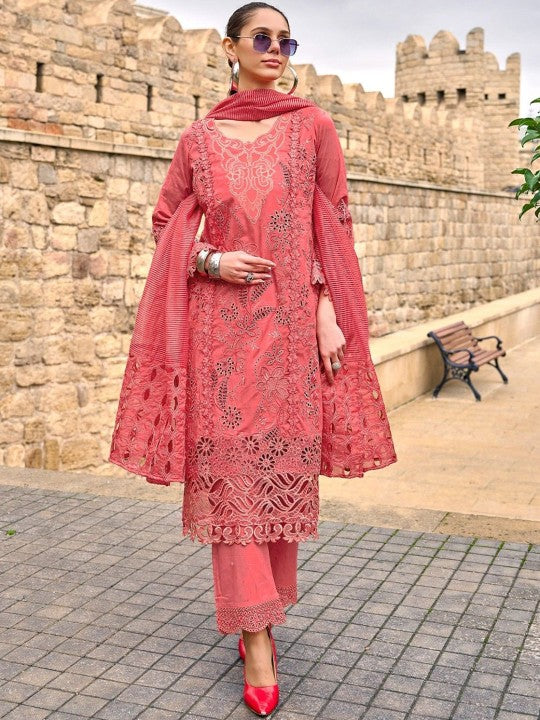 AUTUMN LANE Floral Embroidered Pure Cotton Straight Kurta With Trousers And Dupatta