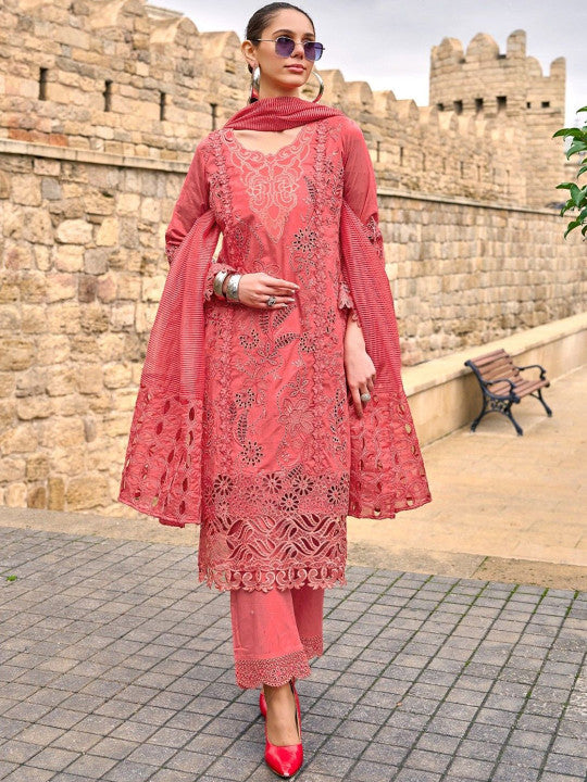 AUTUMN LANE Floral Embroidered Pure Cotton Straight Kurta With Trousers And Dupatta
