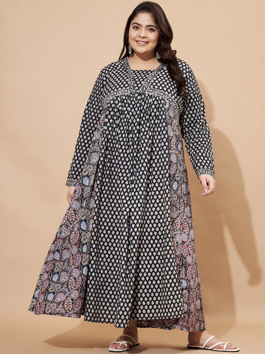 Vbuyz Plus Floral Printed Square Neck Cotton Maxi Ethinic Dress