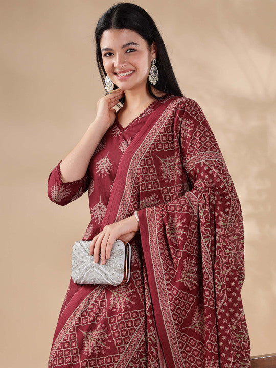 Anouk Women Floral Regular Pure Cotton Kurta with Trousers & With Dupatta