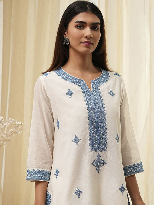 Biba Floral Embroidered Notch Neck Thread Work Straight Kurta With Palazzos & Dupatta