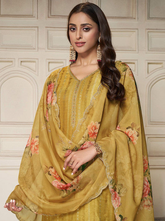 Floral Woven Design Jacquard V-Neck Pure Silk Kurta with Trousers & Dupatta