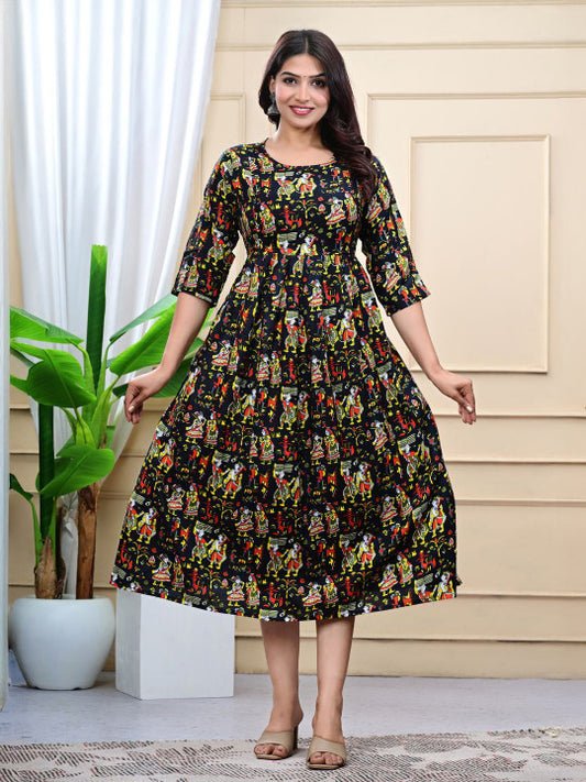 WE PERFECT Ethnic Motifs Printed Pure Cotton Round Neck Maternity A-Line Ethnic Dress