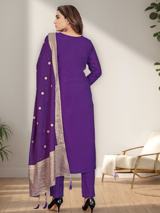 BLACK SCISSOR Floral Embroidered Straight Chanderi Cotton Kurta With Trousers And Dupatta