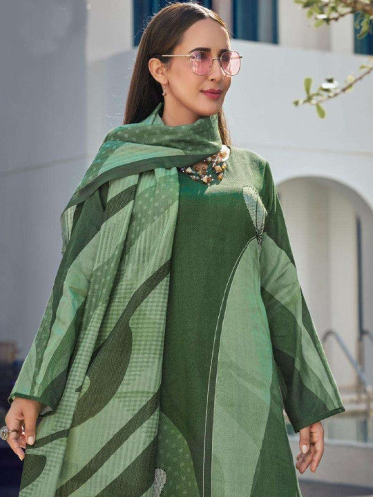 Floral Printed V-Neck Straight Thread Work Kurta With Trousers & Dupatta